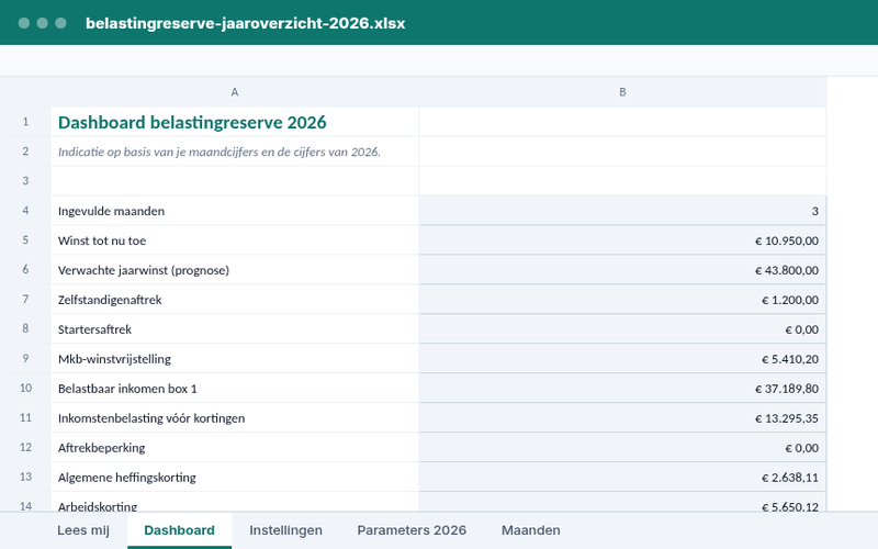Dashboard van het sjabloon Belastingreserve en jaaroverzicht 2026
